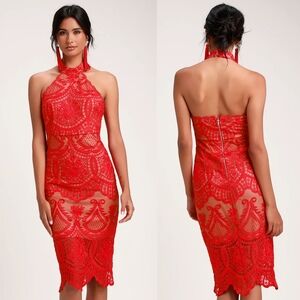 Lulu's Vibrant Red Backless Lace Dress